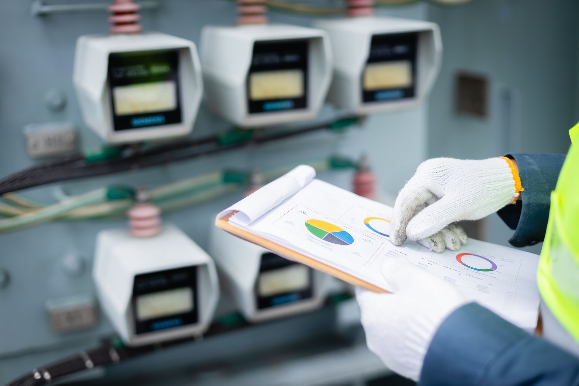 El ingeniero está trabajando en la subestación de energía de alto voltaje realizando inspecciones y controles de la infraestructura para garantizar la seguridad y el funcionamiento adecuado del sistema eléctrico